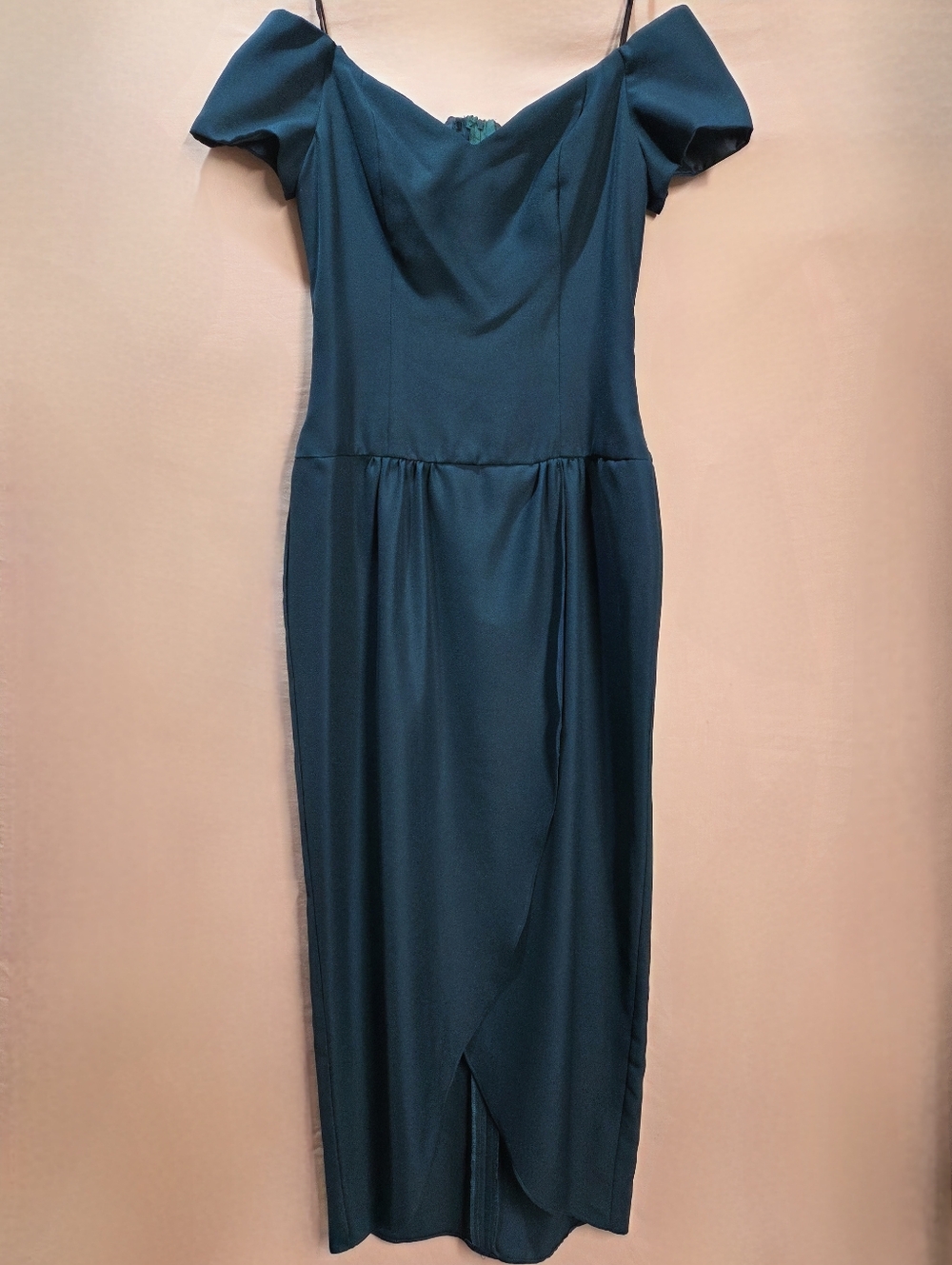 80s Loralie Teal Blue Formal Dress Off The Shoulder Tulip Skirt Zipper Sz 6ish